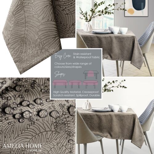 Collage of AmeliaHome Gaia cappuccino tablecloth showcasing the leaf pattern, waterproof fabric, easy care, and table setting.