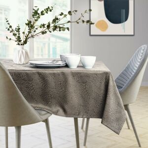AmeliaHome Gaia cappuccino embossed tablecloth on a dining table setting. - AmeliaHome