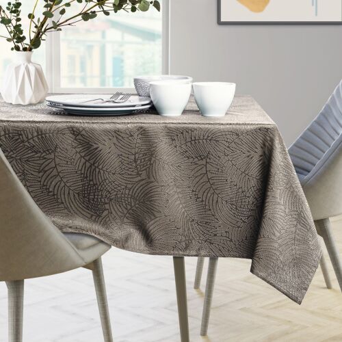 AmeliaHome Gaia cappuccino tablecloth on dining table with dishes