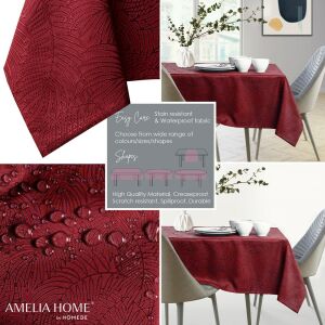 Collage of AmeliaHome Gaia burgundy tablecloth features: embossed pattern, stain resistance, waterproof fabric. - AmeliaHome