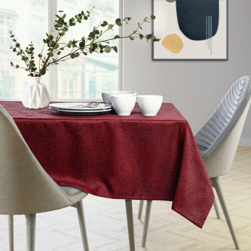 AmeliaHome Gaia burgundy embossed tablecloth on a dining table