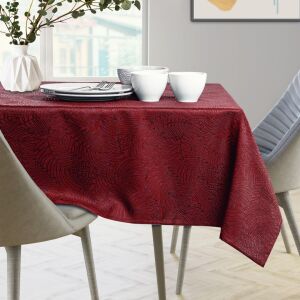 AmeliaHome Gaia claret embossed round tablecloth on a set table. - AmeliaHome