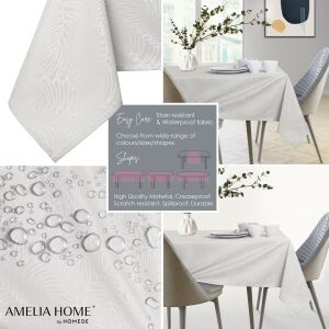 Collage of AmeliaHome Gaia cream tablecloth features: stain-resistant, waterproof, durable. - Tablecloth