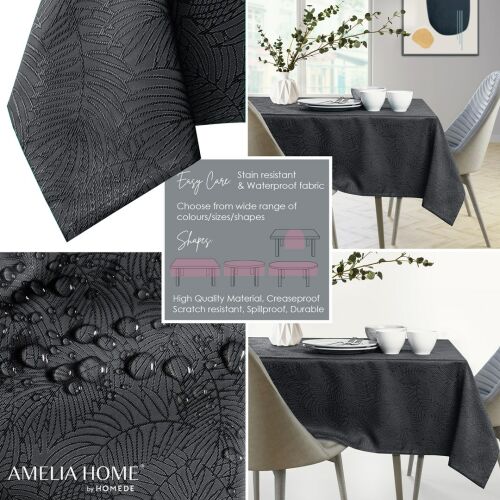Collage of AmeliaHome Gaia graphite gray embossed tablecloth features: stain resistant, waterproof, various shapes, high quality, creaseproof, spillproof, durable.