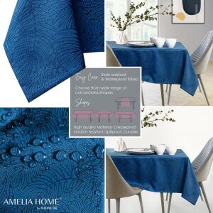 Collage of AmeliaHome Gaia indigo blue embossed tablecloth features: texture, dining table setting, water resistance, and brand logo. - Tablecloth