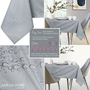 Collage of AmeliaHome Gaia grey embossed oval tablecloth features: pattern, stain resistance, and table setting - Interior design