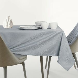AmeliaHome Gaia grey embossed round tablecloth on a set table - AmeliaHome