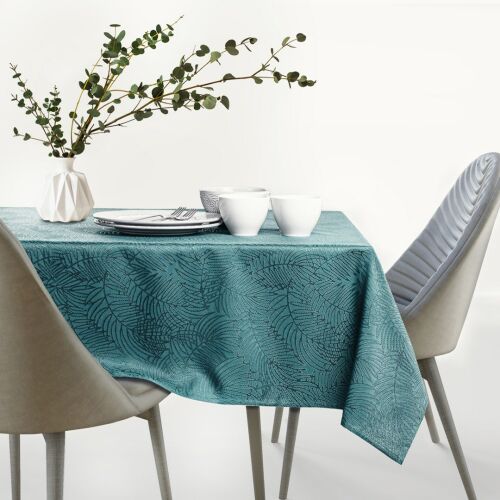 AmeliaHome Gaia teal embossed tablecloth on dining table