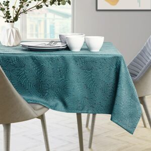 AmeliaHome Gaia teal Tischdecke mit Blattmuster auf einem gedeckten Tisch. - Tischdecken
