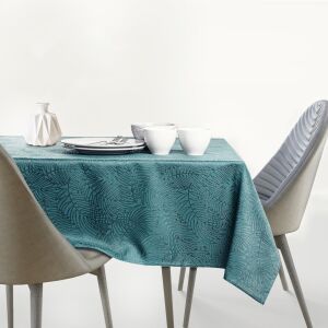 AmeliaHome Gaia teal embossed tablecloth on a set table - Tablecloth