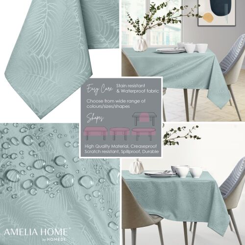 Collage of AmeliaHome Gaia mint green tablecloth features: stain resistant, waterproof, easy care