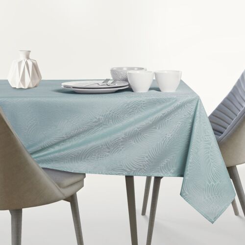 AmeliaHome Gaia mint green embossed tablecloth on a set table.