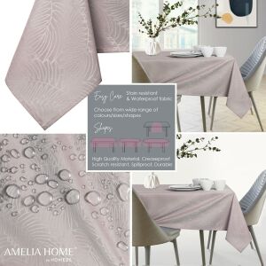 Collage of AmeliaHome Gaia tablecloth features: stain-resistant, waterproof, easy care - Interior design