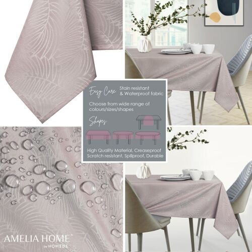 AmeliaHome Gaia powder pink embossed tablecloth collage showing detail, stain resistance, and table setting
