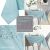 Collage of AmeliaHome Gaia blue tablecloth features: leaf pattern, waterproof, easy care