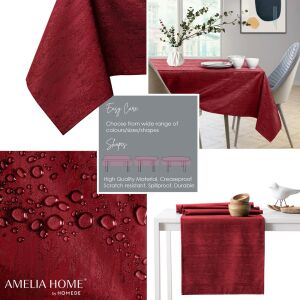 Collage of AmeliaHome Vesta burgundy embossed tablecloth features - Interior design