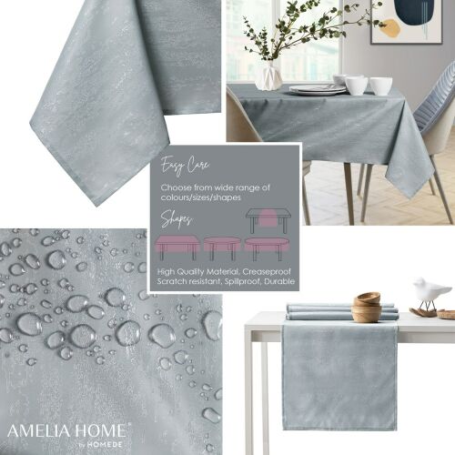Collage of AmeliaHome Vesta grey tablecloth features