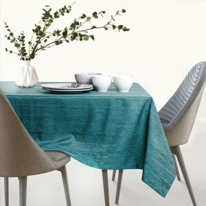 AmeliaHome Vesta teal embossed tablecloth on a set table - Interior design