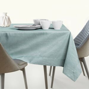 AmeliaHome Vesta mint green embossed tablecloth on a set table - Interior design