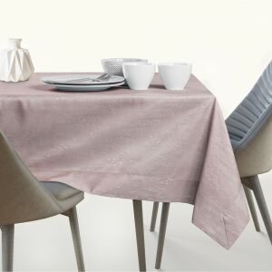 AmeliaHome Vesta powder pink embossed tablecloth on a set table - Interior design