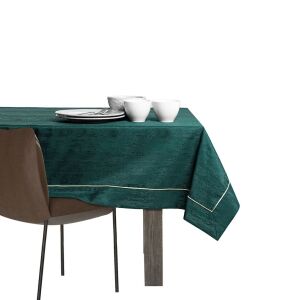 AmeliaHome Vesta glass green embossed tablecloth on table with place setting - Interior design
