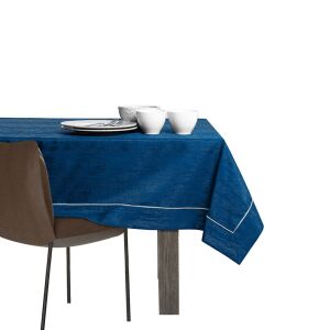 AmeliaHome Vesta indigo blue embossed tablecloth on table setting - Interior design