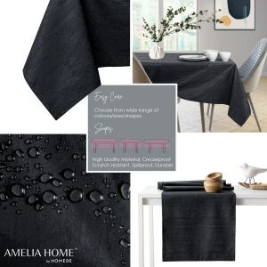 Collage of AmeliaHome Vesta black embossed tablecloth in use and detail shots - Interior design