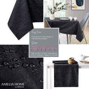 Collage of AmeliaHome Vesta black embossed tablecloth features - AmeliaHome