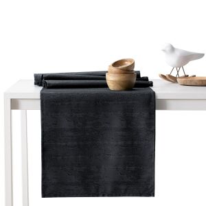 AmeliaHome Vesta black embossed tablecloth and runner set on a white table - Interior design
