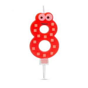 Number 8 birthday candle, red with white polka dots, with eyes - Birthday Candle & Cake Topper