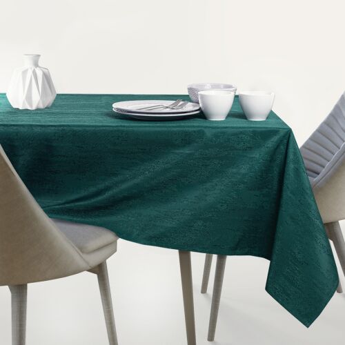 AmeliaHome Vesta glass green embossed tablecloth on dining table