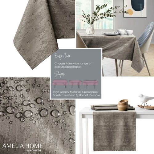 Collage of AmeliaHome Vesta cappuccino tablecloth features: easy care, spill-proof, shapes