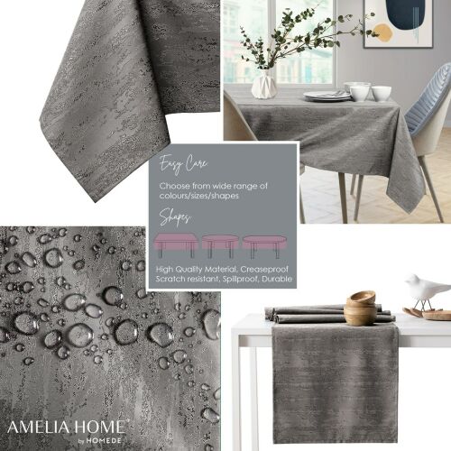 Collage of AmeliaHome Vesta brown embossed tablecloth features