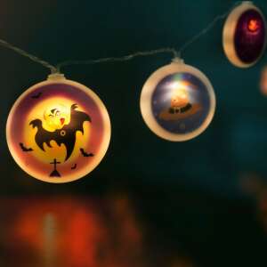Halloween LED fényfüzér 10 melegfehér izzóval, töklámpás, boszorkánykalap, denevér és Happy Halloween mintákkal - Nonbrand Fényfüzér