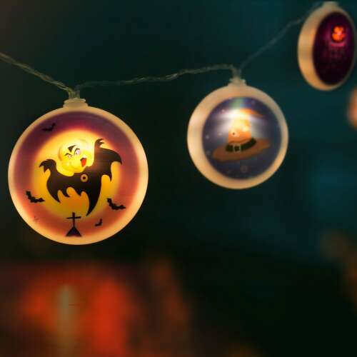 Halloween LED fényfüzér 10 melegfehér izzóval, töklámpás, boszorkánykalap, denevér és Happy Halloween mintákkal