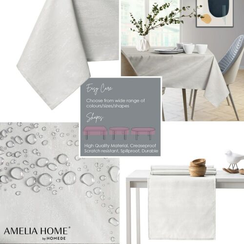 Collage of AmeliaHome Vesta cream embossed tablecloth features