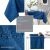 Collage of AmeliaHome Vesta indigo blue embossed tablecloth features