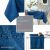 Collage of AmeliaHome Vesta indigo blue tablecloth features: easy care, shapes, waterproof