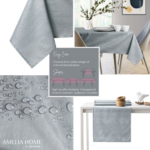 AmeliaHome Vesta grey embossed oval tablecloth collage: lifestyle, easy care, waterproof