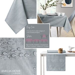 AmeliaHome Vesta grey embossed tablecloth collage with lifestyle and detail shots - Tablecloth