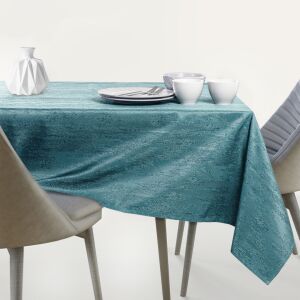 AmeliaHome Vesta teal embossed tablecloth on a set table - AmeliaHome