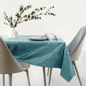 AmeliaHome Vesta teal embossed tablecloth on dining table - Interior design