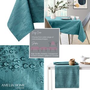 Collage of AmeliaHome Vesta teal embossed tablecloth features and uses. - Home Textile