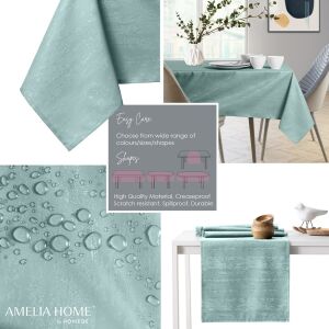Collage of AmeliaHome Vesta mint green tablecloth features - Interior design