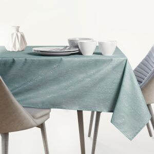 AmeliaHome Vesta mint green embossed oval tablecloth on a set table. - Interior design