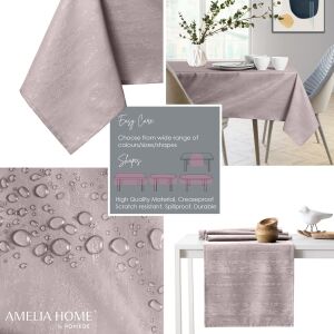 Collage of AmeliaHome Vesta powder pink embossed oval tablecloth features - Tablecloth