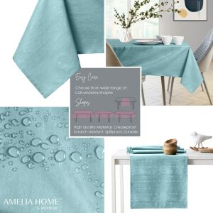 Collage of AmeliaHome Vesta blue tablecloth features: close-up, table setting, water resistance, and size guide - AmeliaHome