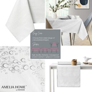 Collage of AmeliaHome Vesta white tablecloth features: easy care, shapes, water resistance - Interior design