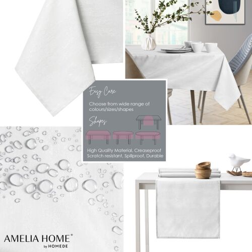 Collage of AmeliaHome Vesta tablecloth features: easy care, shapes, waterproof