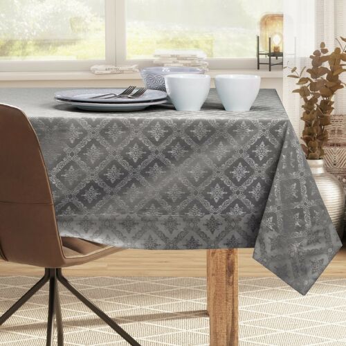 DecoKing Maya brown classic printed tablecloth on a dining table in a modern setting.